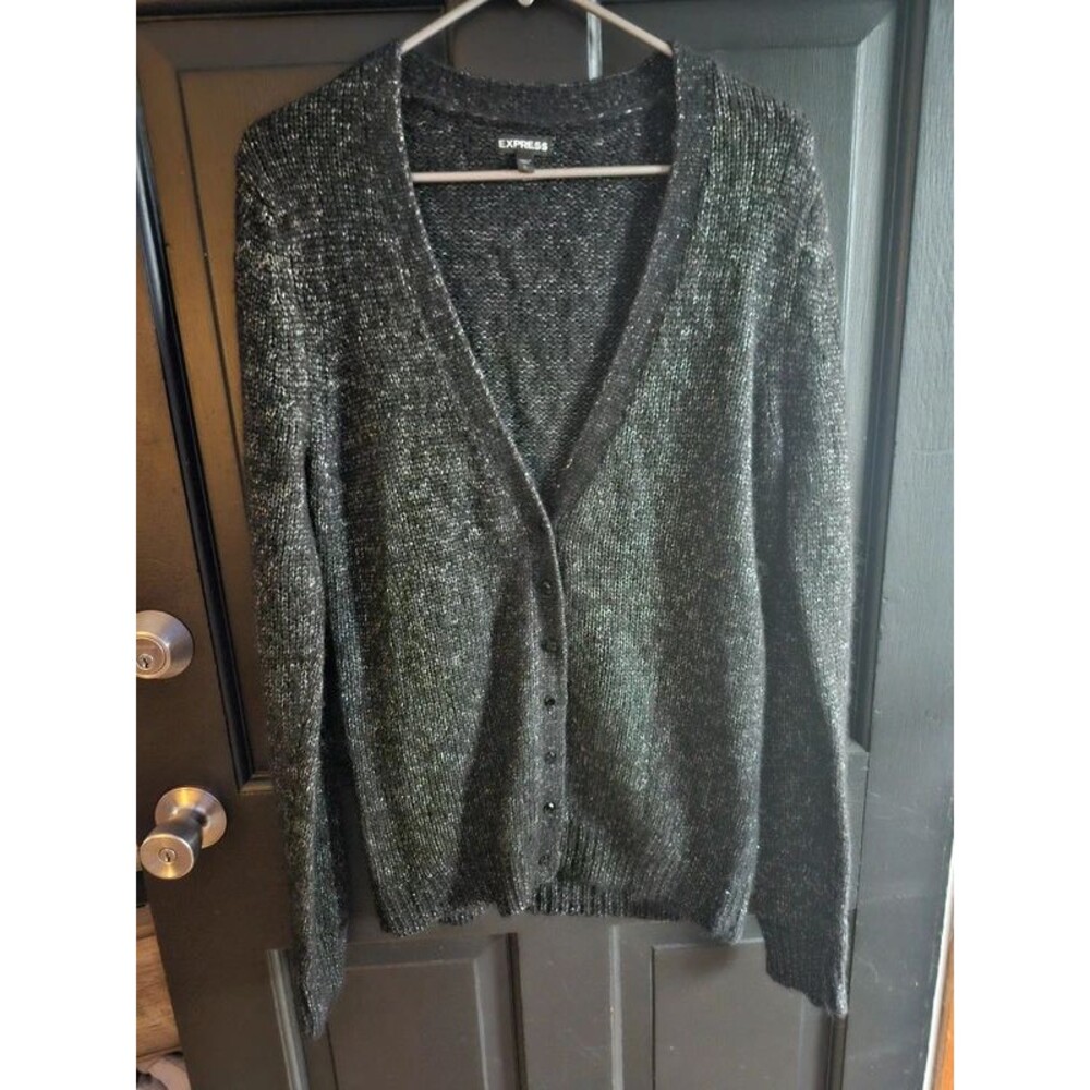 Express Metallic Glitter Knit Cardigan Sweater Black Silver V-Neck Button Large